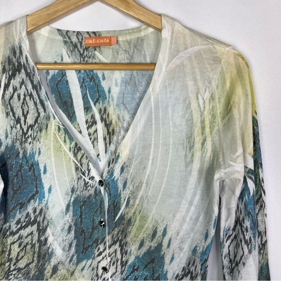Boutique Cut Cute Y2K Blue & Green Printed Button Down Cardigan Sweater S - Picture 3 of 6